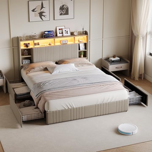 Cama Tapizada 140x200 cm con Luces LED y Estación de Carga USB/Tipo C, Estructura de Cama con Cajón y Cabecero con Almacenaje, Cama de Matrimonio de Lino con Somier de Láminas, Beige, Sin colchón