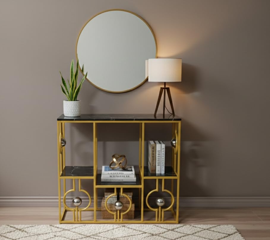 Image of Console Table with Storage, Modern Engineered Wood, Gold Metal Frame with Decorative Spheres, 30x30x7.5 Inch (Black Gold)