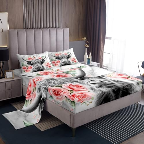 Highland Cow Flower Bed Sheets Full, Bull Cattle Sheet Set, Western Funny Animal Bedding Set, Wildlife Farmhouse Cow Fitted Sheet Rose Grey Marble, 1 Flat Sheet, 1 Fitted Sheet, 2 Pillowcases