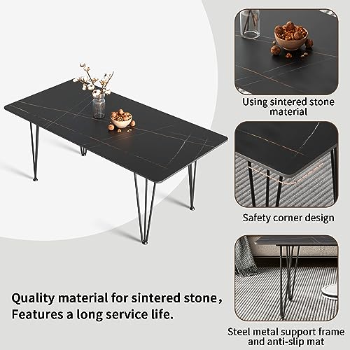 Vvsmriti Coffee Table For Living Room, Striped Black Sintered Stone Multifunctional Table Top With Metal Frame, Modern Rectangular Coffee Table Set For 4, Easy To Assemble #TOP2