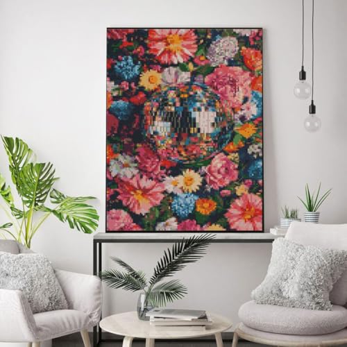 Image of MYBISYMQQ Stamping Cross Stitch Kit Disco Ball, Counting Cross Stitch Kit for Adult Beginners Flowers, Full Line DIY Cross Stitch Stitching Kit for Home Decor Cross Stitch Patterns 11.8x15.7inches