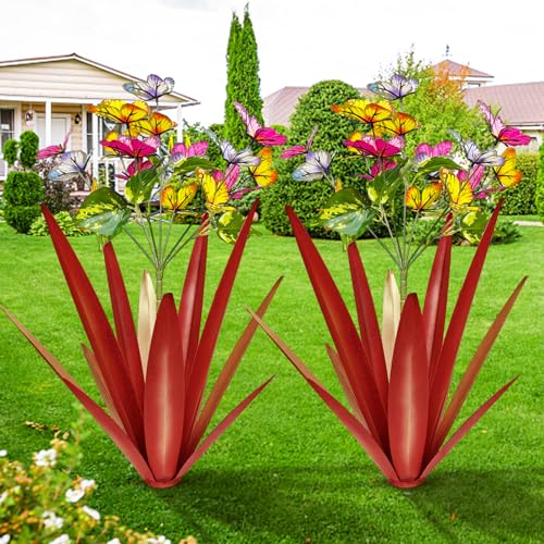 Image of TOMBABY Garden Outdoor Butterfly Enlarge Thickened Wind Resistant Metal Agave Garden Art Metal Plant Country Sculpture Statue Decorations Ornaments Artificial Waterproof Butterflies(red 2pcs)