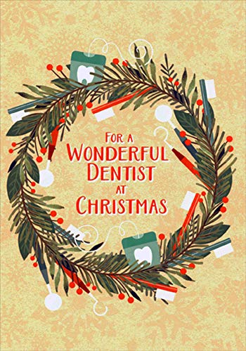 Designer Greetings Wreath with Dental Tools, Floss and Tooth Brush Dentist Christmas Card