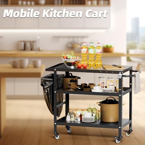 Xilingol Outdoor Grill Cart, Pizza Oven Stand Table with Wheels for Outside Patio, Heavy Duty Movable Outdoor Cooking Prep Table BBQ Cart for Backyard, Camping and Parties