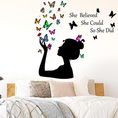 Inspirational Wall Stickers Vinyl Quote Wall Decals She Believed She Could So She Did Wall Decor Butterfly Girl Removable Wall Art for Girls or Teens Bedroom, Bathroom, Office, 35.43 X 17.72 Inch
