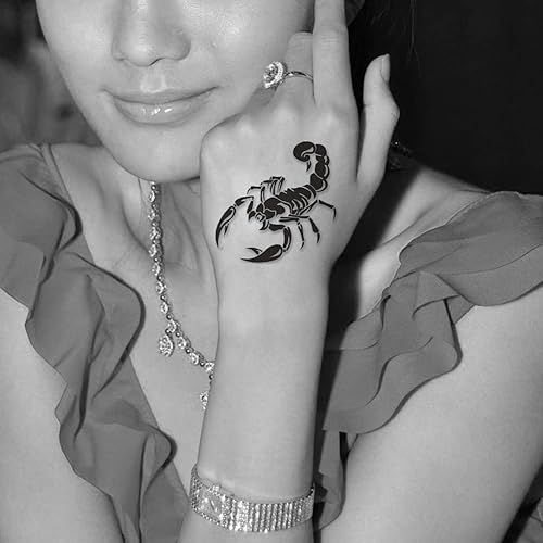 Miniatura 4 de Juego de 2 calcomanías pequeñas de tatuaje temporal  Diseño de tótem de escorpión negro aterrador de Halloween para mano, cuello, cara, muñeca,
