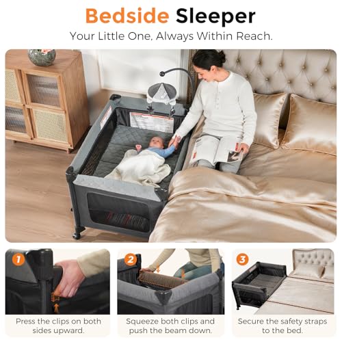 Image of Pamo Babe Pack and Play with Bassinet - 7 in 1 One-Step Setup Bedside Crib, Portable Playpen, Travel Crib, Baby Playard with Diaper Changing Station, Toy Bar & Large Storage Bag