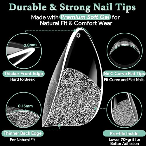 Image of Leykosh 540 Pcs Short Almond False Nail Tips, 15 Sizes with Half Sizes, 70-Grit Pre-shaped Half Matte Soft Clear Acrylic Press Ons, Full Cover Fake Nails for Salon Manicure, Extensions & DIY