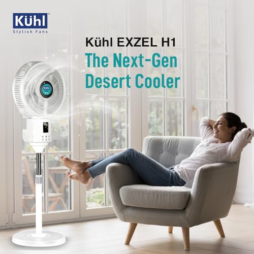 Image of KUHL Exzel H1 Next Gen Desert Cooler BLDC Pedestal with Mist & Humidifier|8Blades |4Speed| Remote & Touch Panel with Display| Height Adjustement| Low Noise|8 Hr Water Tank|400mm |Free installation