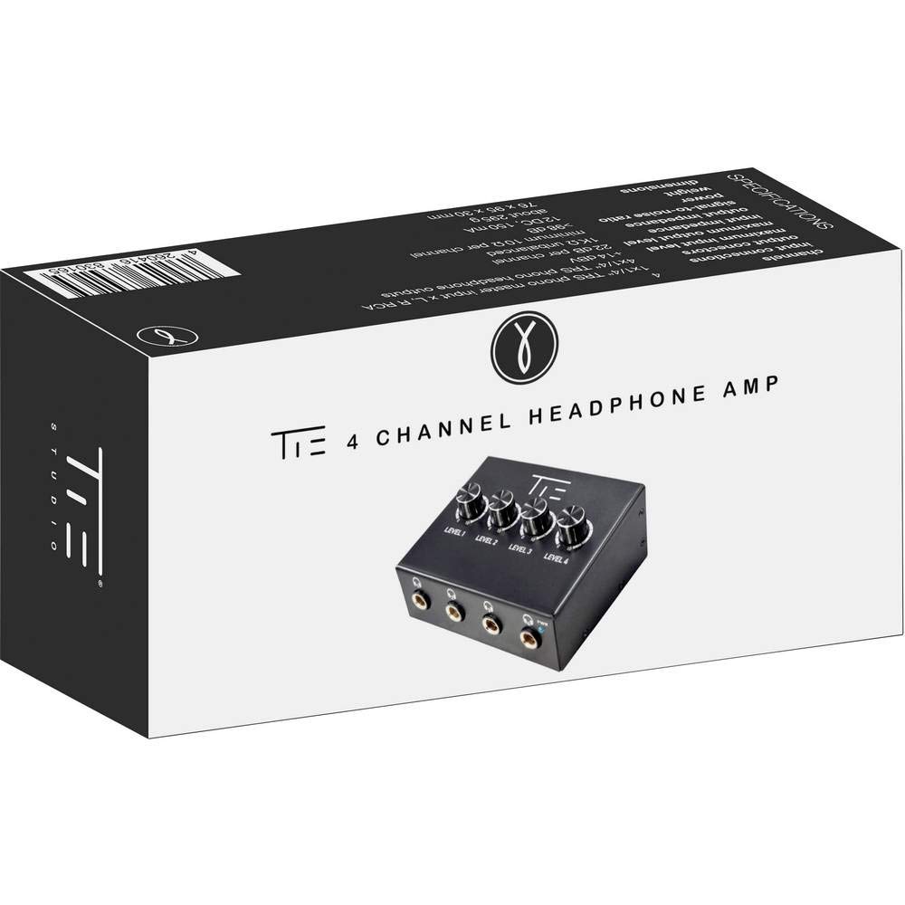 TIE Studio 4CH wzmacniacz słuchawkowy (4-kanałowy wzmacniacz słuchawkowy stereo, kompaktowy i wytrzymały, profesjonalny monitoring, oddzielna regulacja głośności dla każdego kanału), czarny, 19-90009