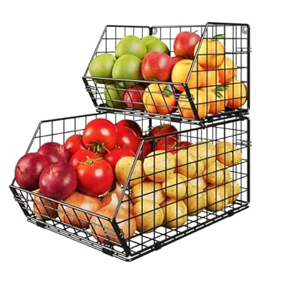 2 Tier Stackable Wire Basket-Kitchen Counter, Pantry Organization and Storage - Cabinet, Countertop Space Saving Organizing - Produce, Fruit, Vegetable,Onion, Potato, Bread Organizer Bin