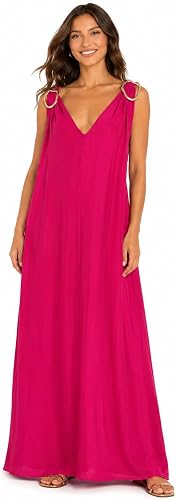 Missy Missi Ladies Sleeveless Maxi Dress V-Neck with Gold Ring Accent Detail - Pink