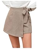 Floerns Women's Houndstooth Print Tie Front Skorts Asymmetrical Hem High Waist Skirt Shorts Khaki Medium