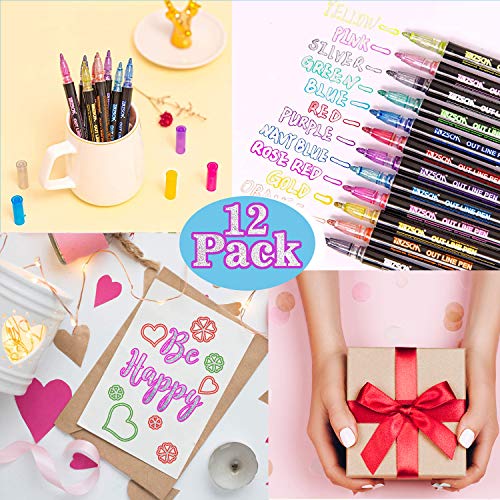 Dumoban Outline Markers Self-Outline Metallic Markers, 12 Colors Shimmer Markers Double Line Outline Pens For Art, Drawing, Painting, Gift Card, Diy Photo Album, Posters, Self Journal #TOP6