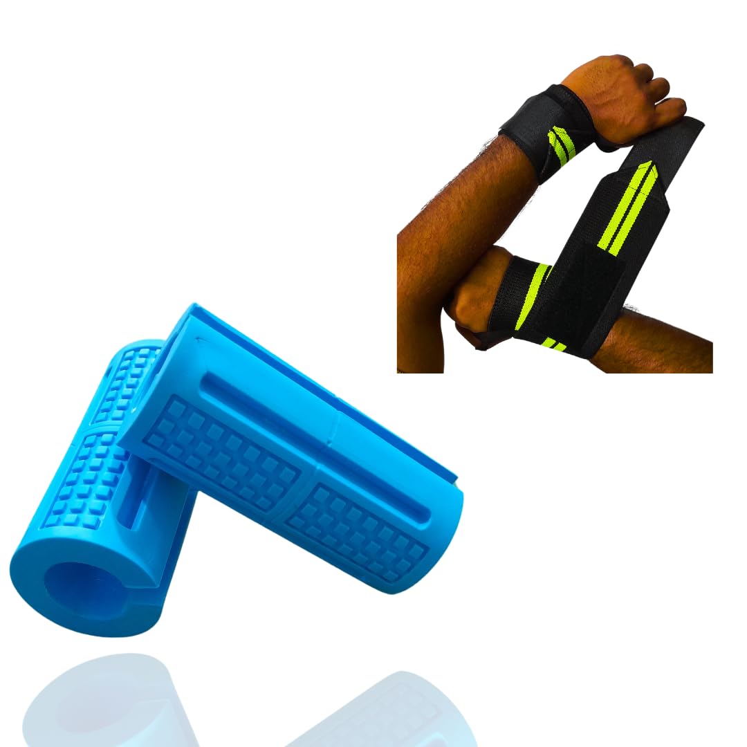 GymBrat Silicone Barbell Grip Pads with Wrist Support Wraps, Blue, High Density Rubber, Fits Olympic or Standard Bar, Gym Weightlifting Combo