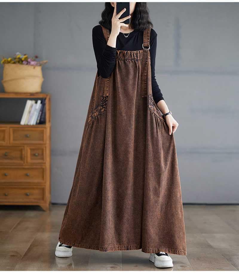 Image of Boho Jumper Dress for Women Loose Overall Pinafore Dresses Adjustable Straps Wide Hemline with Pockets Baggy Style