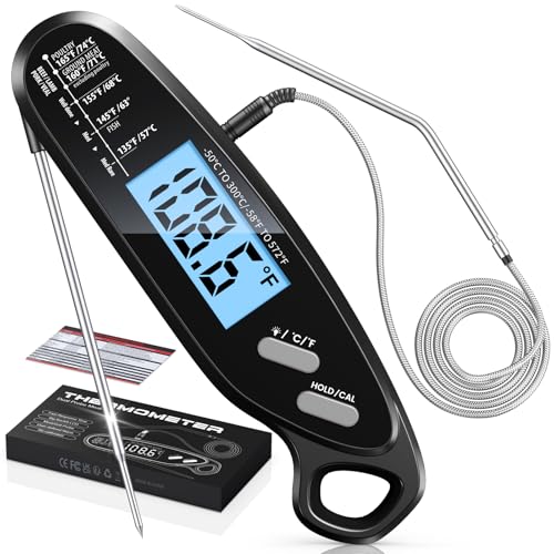Vuwwey Instant Read Meat Thermometer Digital with Dual Probe, Food Thermometer for Cooking & Grilling, Large Backlit & Calibration, Grill Thermometer for Outside/Kitchen/Oven//Smoker/BBQ/Baking, Black
