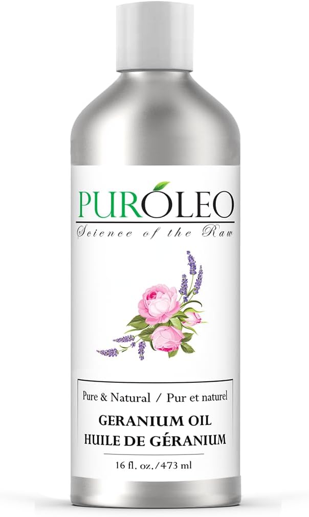 PUROLEO Geranium Essential Oil 16 Fl Oz/473 ML (Packed in Canada) 100% Pure, Natural and Undiluted Aromatherapy Oil for Skin Care and Relaxation – Soothing Floral Scent for Diffuser or Massage