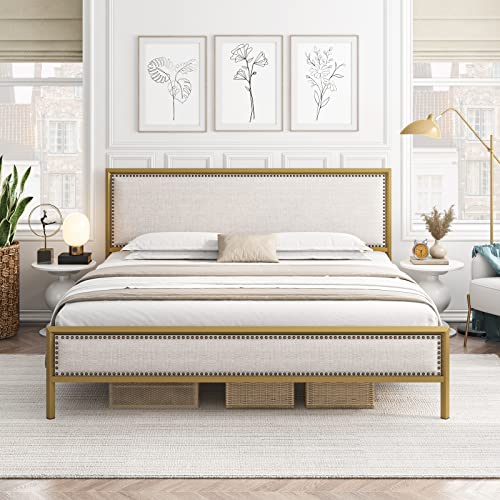 Hithos King Size Gold Metal Bed Frame With Linen Upholstered Headboard, Platform Bed With 10.4" Under Bed Storage, Mattress Foundation With Nailhead, No Box Spring Needed (King, Gold Beige/Linen) #TOP8