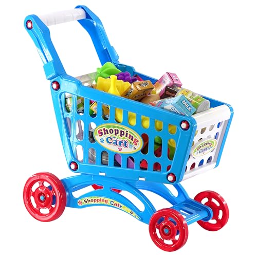 The Magic Toy Shop Kids Shopping Trolley Toy with Accessories - Blue, Pretend Play Food, Grocery Cart, Role Play Fun - Child's Shopping Trolley for Toddlers, Supermarket Toys for Learning