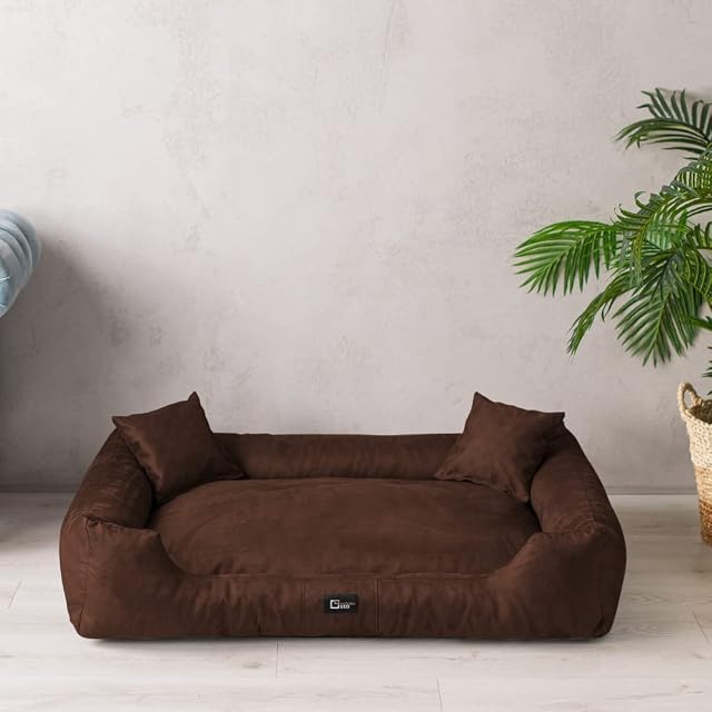 Exclusive Bed Cama Puffi para perros de tela alcantara rectangular, marrón, L 90 cm x 70 cm, suave, duradera
