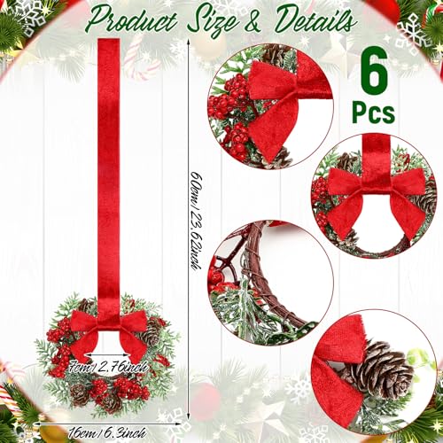 Image of Dingion 6 Pcs 6 inch Christmas Mini Cabinet Wreaths Norfolk for Kitchen with Ribbon Bows Red Berry Norfolk Pine Small Window Wreath Hunging Ornament for Window Door Farmhouse Christmas Party Decorations