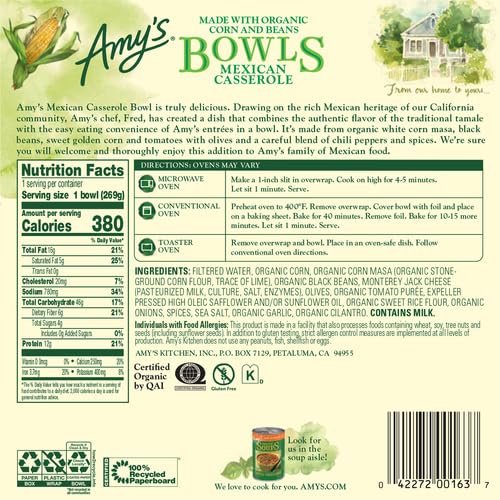 Amys Frozen Meals Mexican Casserole Bowl Made with Organic Tomatoes Corn and Black Beans Gluten Free 9 5 — view 2