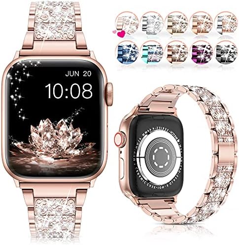 LELONG for Apple Watch Band 38mm 40mm 41mm Series 8 Series 7 6 5 4 3 2 1 SE Ultra, Bling Replacement Bracelet iWatch Band, Diamond Rhinestone Stainless Steel Metal Wristband Strap