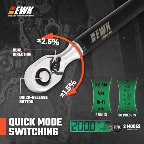Image of EWK 1 /2 Inch Drive Digital Torque Wrench 7.4-147.6 ft-lbs (10-200 Nm) | IS0 6789, ±1.5% clockwise / ±2.5% counterclockwise, LCD Display, LED Buzzer Vibration Alert, 30 Memory Values
