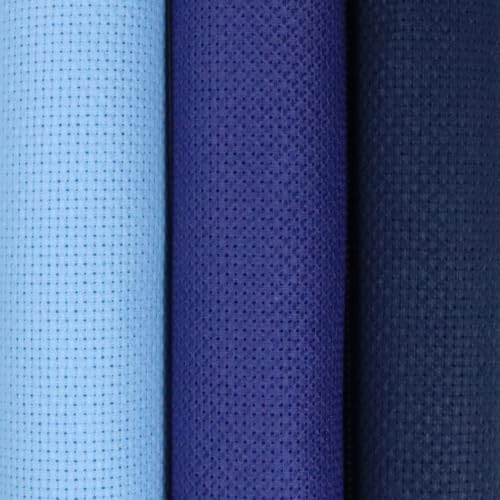Image of KCS 3 pc of 15 inch x 18 inch(38cmx45cm) 16 Count Cross Stitch Cotton Aida Cloth Needlework Rolled Fabric Box,16CT,Light Blue+Royal Blue+Navy Blue