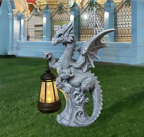 JORAE Dragon Statue with Solar Lantern Outdoor Figurine Gothic Garden Decor for Patio Balcony Lawn Yard Sculpture Resin 9.5 H