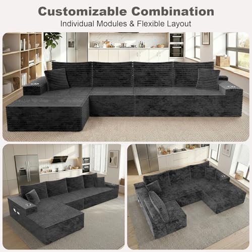 Image of 106 inch Cloud Modular Sectional Couch with Ottoman, Modern U Shaped Corduroy Sofa, Higher 17.7 inch Seat Height, 32D Pure Foam,Built in Cup Holders,No Assembly for Living Room (Dark Gray,Right Facing Chaise)