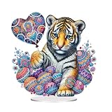 C'eitura Tiger Diamond Art Painting Tabletop Decor, 5D DIY Rhinestone Standing Ornament with Cute Tiger Cub Heart Balloon and Colorful Easter Egg Designs, Animal Home Decor Gift