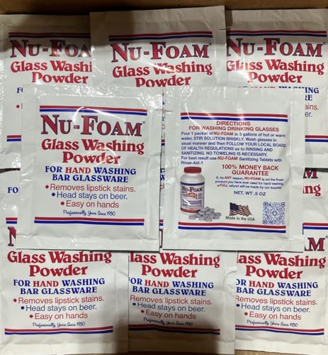 Nu-Foam Glass Washing Powder for Bar Glassware, Hand Washing Formula, Removes Lipstick Stains, 100 Pack, 0.5 oz Packets