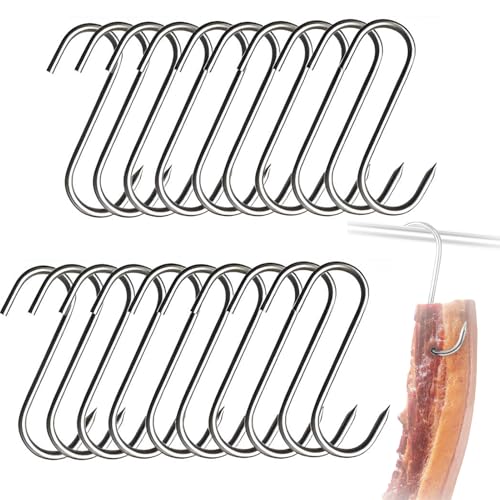 ZXNJA 20 Stück Fleischhaken S Haken Fleischerhaken Fleischerhaken Edelstahl Räucherhaken S Haken Edelstahl Fleischerhaken Klein für Hähnchen Rippenräuchern(15cm)