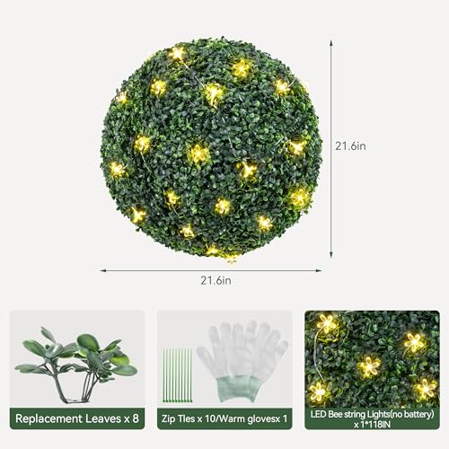 CXRCY 19.7 inch Diameter (2 Pcs) Boxwood Topiary Balls with Flower String Lights, Waterproof & UV Protection Artificial Plants Outdoor & Indoor with Sturdy Pot Base, Decor for Balcony, Deck and Porch - Thumbnail 4