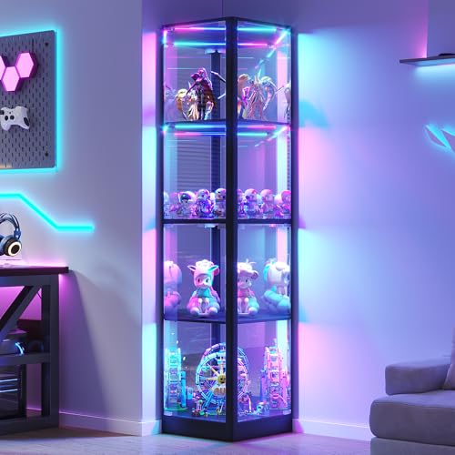 Glass Display Cabinet with RGB Lights- 68" Display Case with 4-Tier Shelfs, Corner Curio Cabinets for Collectibles/Toys/Books, LED Storage Cabinet, Black