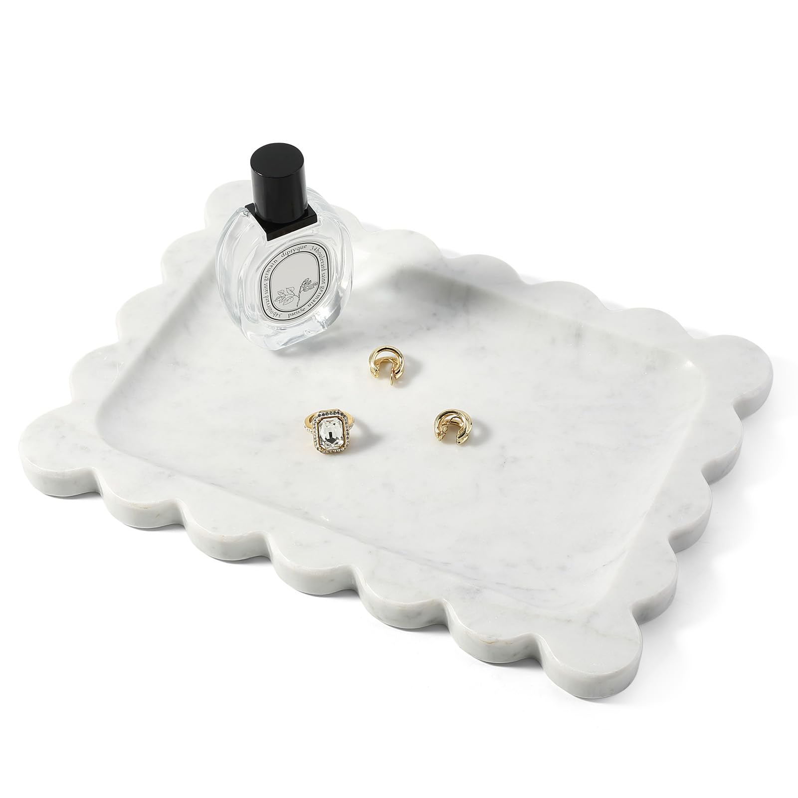Koville Scalloped Marble Tray, 11"x8" Marble Vanity Tray for Countertop Bathroom Kitchen Dresser, Natural Stone Tray for Jewelry Perfume Home Decor, Decorative Catchall Trays(Bianco Carrara)