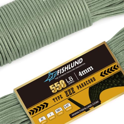 Cuerda de paracaídas FISHLUND de 550 LB, 7 hebras Tipo III, 50 pies, 4 mm, Nailon para Acampar, Verde Oliva