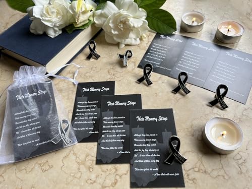Image of 60 Set Funeral Ribbon Pins Memorial Pin Forever in Our Hearts Lapel Pin Remembrance Brooch with Prayer Cards & Organza Bags