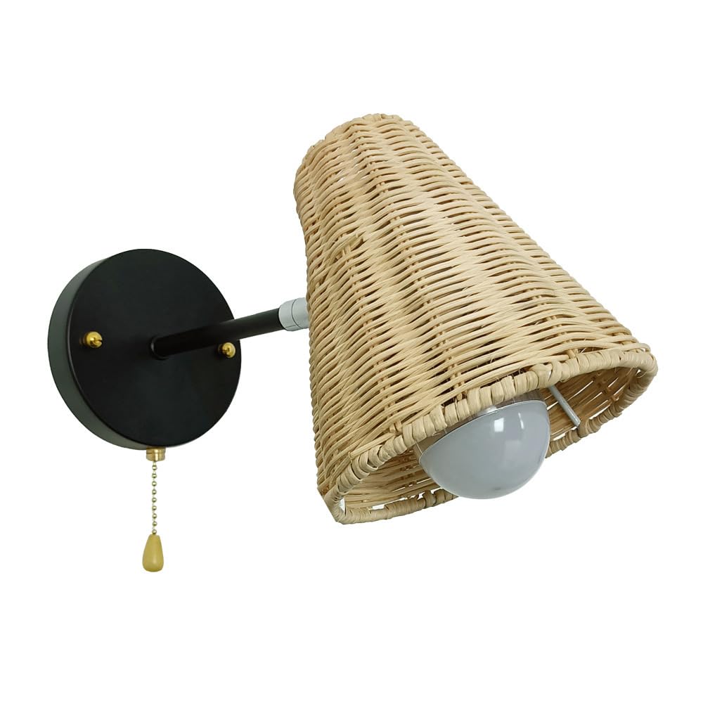 Renter Friendly Woven Bamboo Wicker Wall Sconce For Bedroom Boho Rattan Wall Mounted Light With Pull Chain Switch Hardwired Wall Lamp Bathroom Vanity Light Fixtures For Bedroom Living Room Porch
