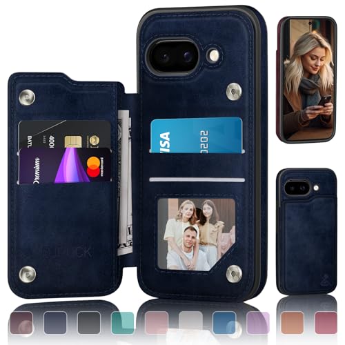 DJDUCK Designed for Google Pixel 9A Case Wallet with Card Holder, [RFID Blocking Leather Protection] [Magnetic Clasp Cover] Shockproof Men Women Cases for Pixel 9A Dark Blue by DJDUCK - Used condition - US$14.98