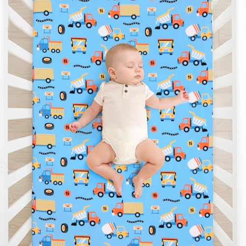 Image of JISEN Baby Fitted Crib Sheets for Boys Girls 52x28 Inch Blue Trucks