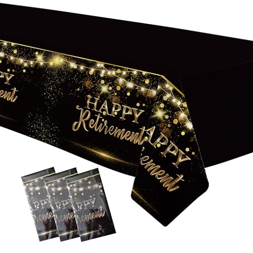 Suhelkit 3 Pack Retirement Decorations Party Supplies Tablecloth - Gold Black Happy Retirement Decorations Table Cover for Men Women, 54in x 108in