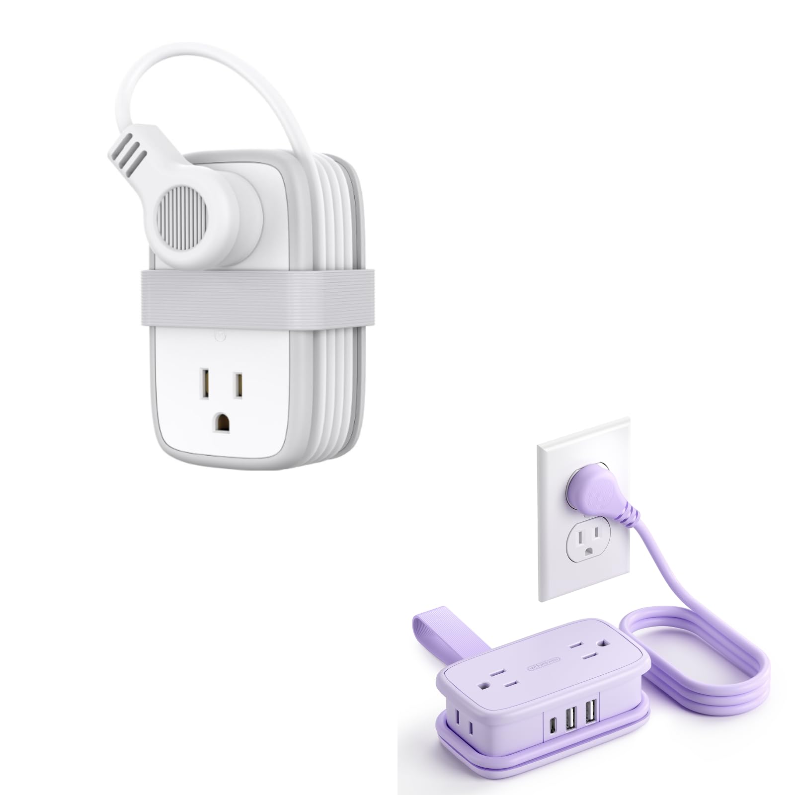 NTONPOWER Purple Travel Power Strip,Travel Essentials 4 Outlets 3 USB(1 C) with 4FT Wrapped Extension Cord Flat Plug, Cruise Essentials 2025 for Hotel Travel Cruise Essentials