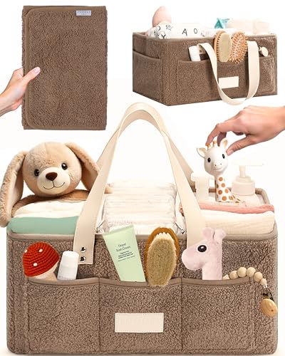 Image of Baby Diaper Caddy Organizer with Portable Changing Mat - Teddy Fleece Nursery Storage Basket for Changing Table & Newborn Essentials – Baby Shower Gifts and Registry Must-Haves