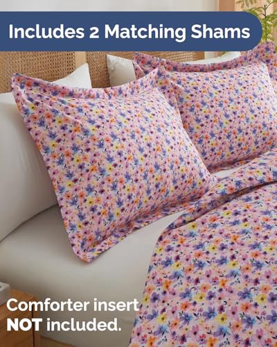 Image of Duvet Cover King Size Set - Extra Soft Floral Duvet Cover 104 x 90 with 2 Pillow Shams - Comfy, Breathable Floral Bedding Set - Hotel Luxury & Fade Free w / Zipper Closures & Ties - Watercolor Garden