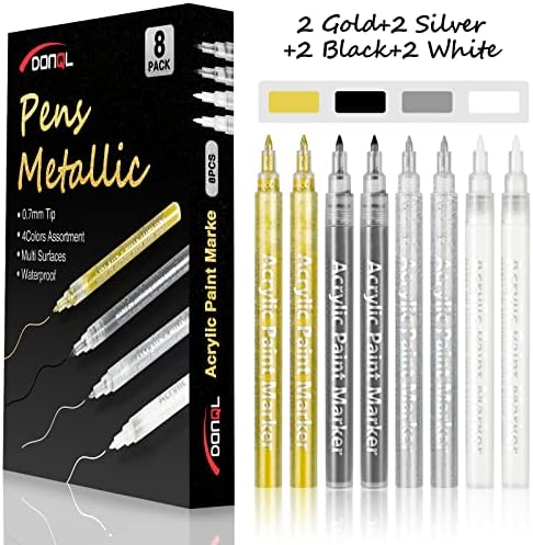 DONQL 8Pcs Acrylic Paint Pen 0.7mm Metallic Permanent Acrylic Markers Set Gold Silver White Black Glass Glitter Paint Pens for Fabric Glass Rock Wooden Ceramic Leather, Fine Tip Acrylic Paint Marker