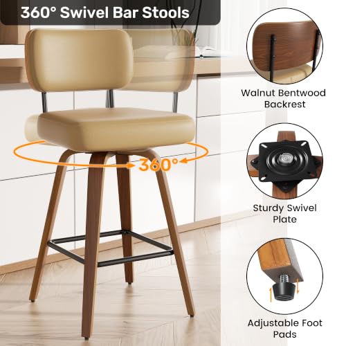 Image of Swivel Bar Stools Set of 2, 26 inch Upholstered Faux Leather Counter Height Barstools with Walnut Back & Bentwood Legs, Mid Century Modern Bar Chairs Island Stools for Kitchen Counter, Khaki