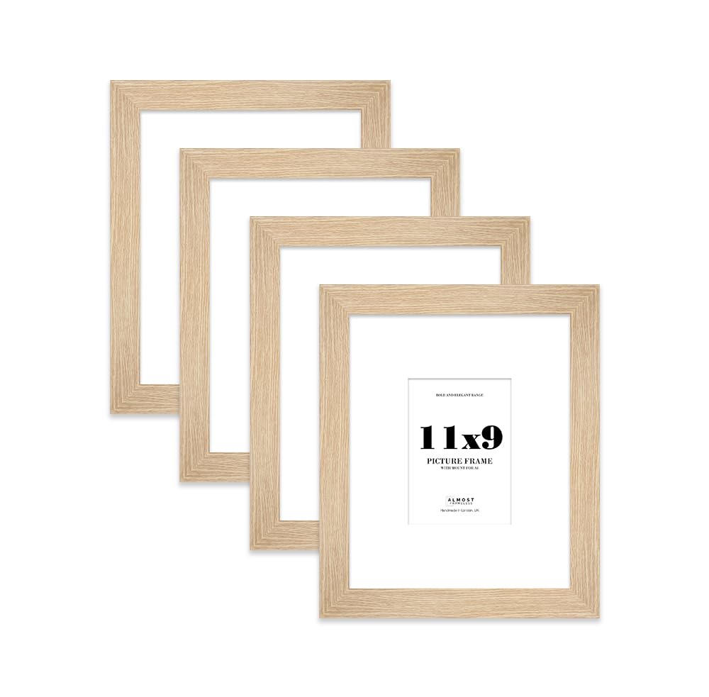 11x9" Oak Frame With Mount for A6 Pictures 28mm Edge Portrait and Landscape Display with Wall Hooks and Kickstand, 4 Pack